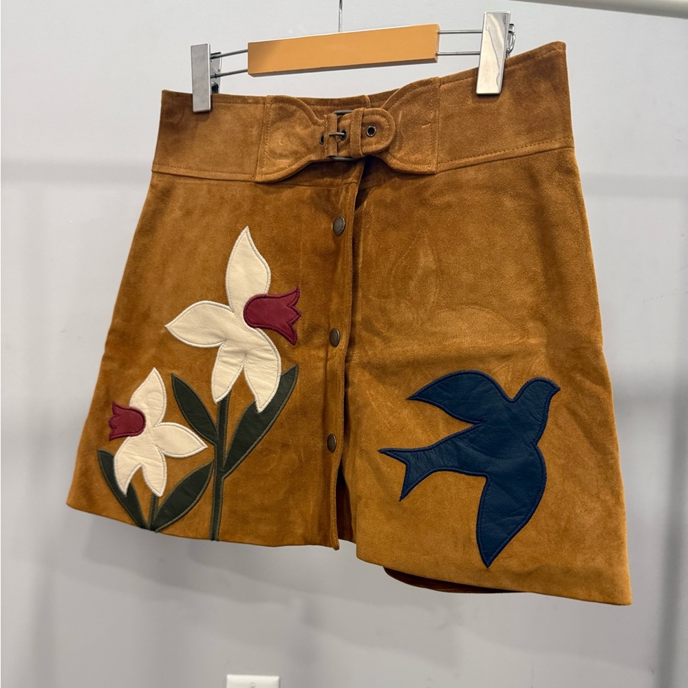 RED Valentino Tan Suede Skirt with Floral and Bird Embroidery